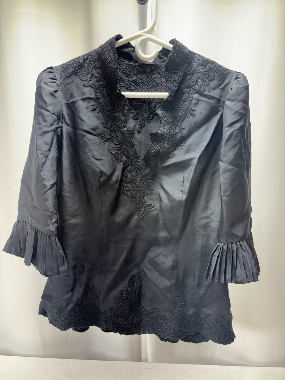 Women's Black Embroidered V-Neck Blouse with Pleated Sleeves 100% Silk 4353